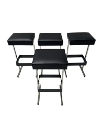 Four Mid-Century Modern Bar Stools with Black Leather Seats, 1970s
